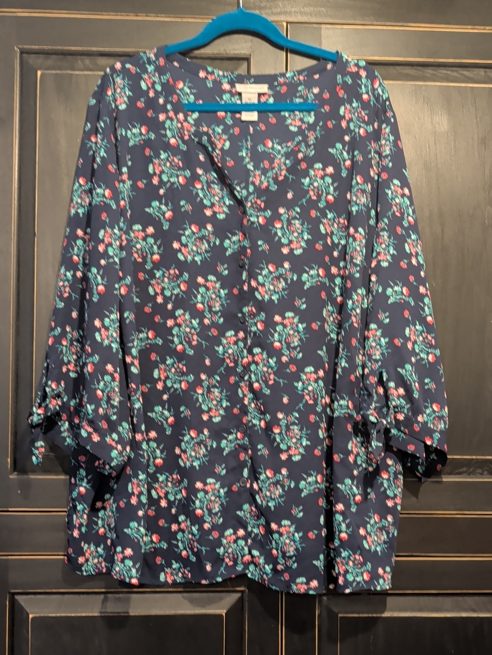 Catherine's  Navy Floral Tie-Sleeve Blouse